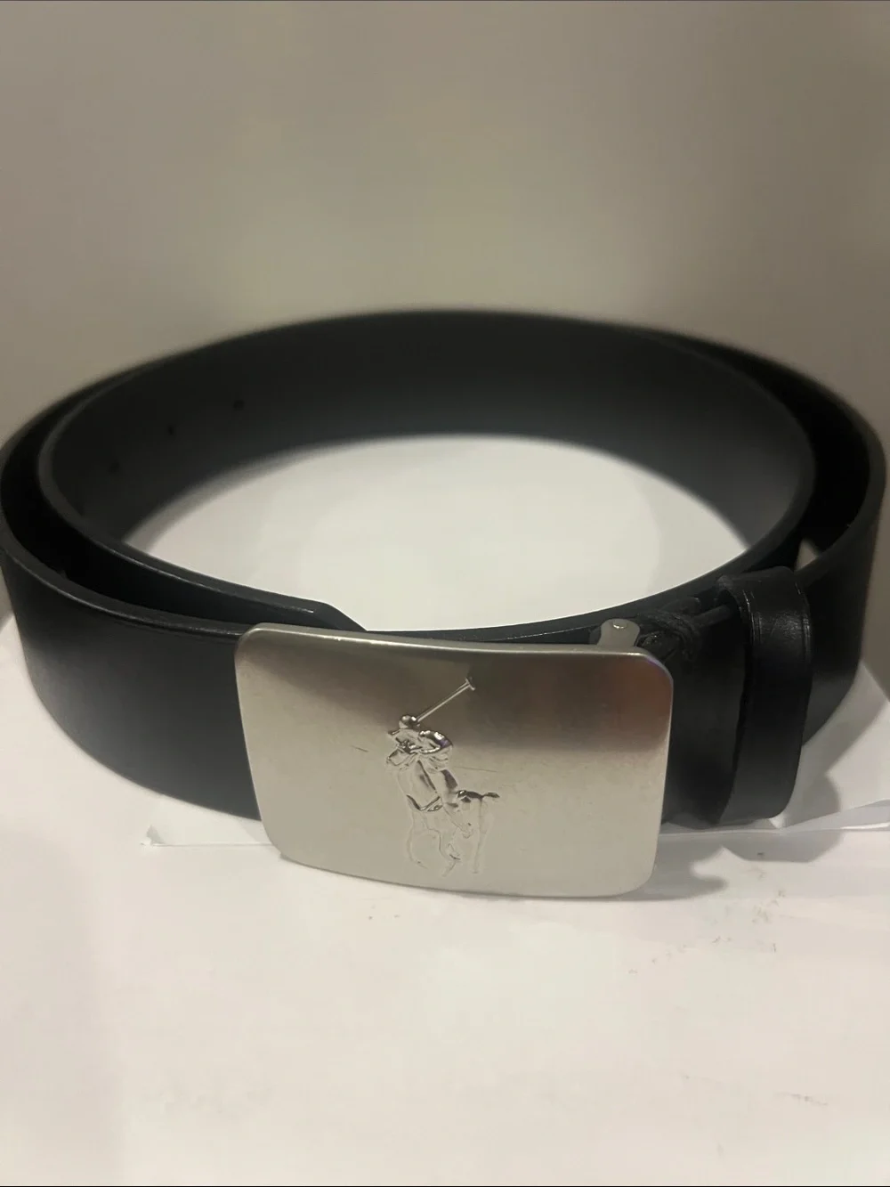 Polo by Ralph Lauren Black Leather Belt with Silver Polo Rider Buckle NWOT